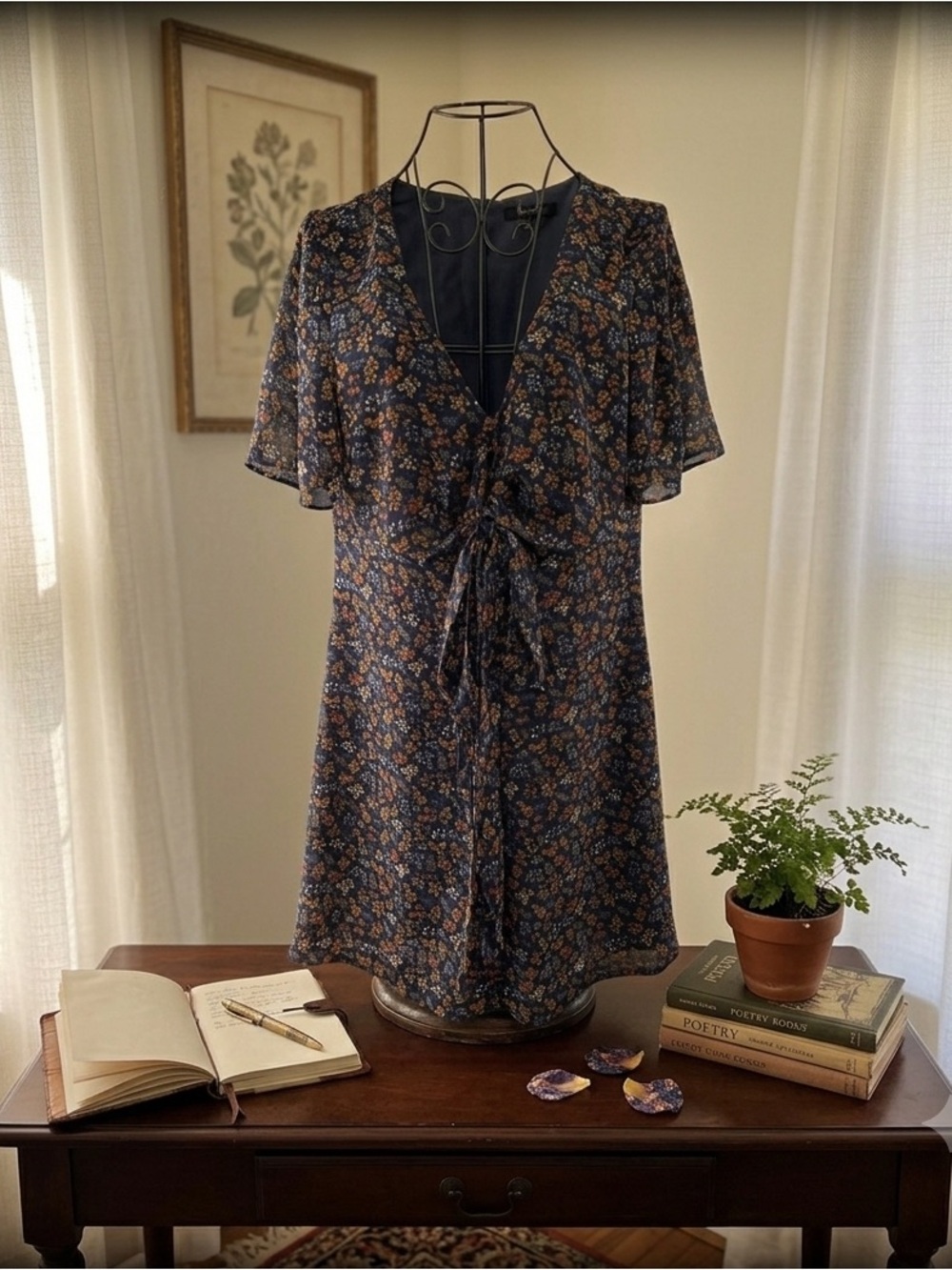 Madewell Blue Floral Mini Dress with Bow Detail on Chest - Picture 1 of 9